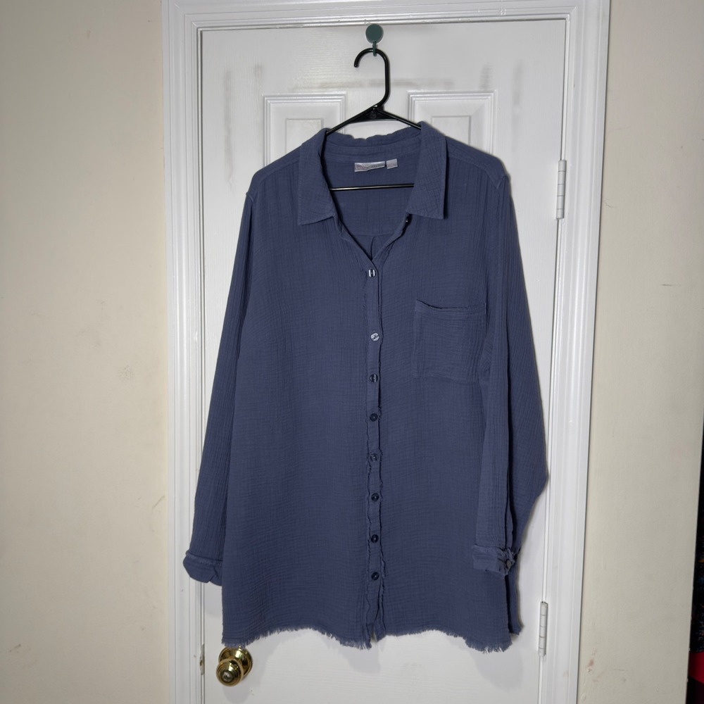 Belle by Kim Gravel Blue Gauze Button Tunic Shirt 1X Frayed Hem 100% Cotton